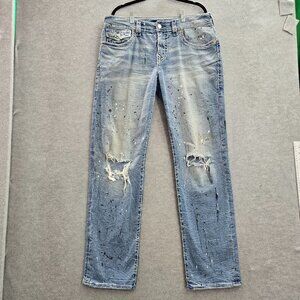 True Religion Men Jeans 30 Blue Denim Paint Splatter RICKI Relaxed‎ Straight